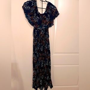 Blue Ruffled Top Belt Maxi Dress